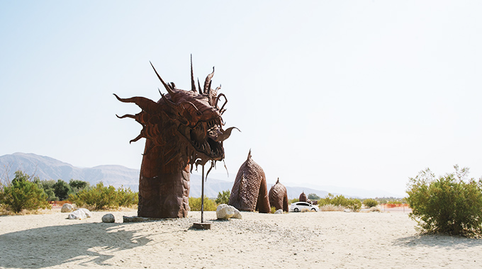 Ricardo Breceda's serpent sculpture crosses Borrego Springs Road. | Photo by Tiffany Luong