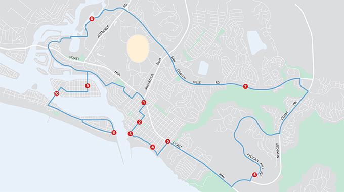 Map of electric bike route in Orange County, California
