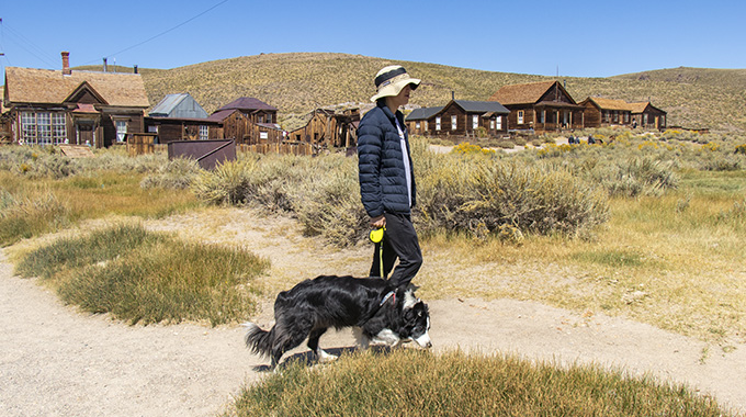 Young man walking with a dog at Bodie State Historic Park