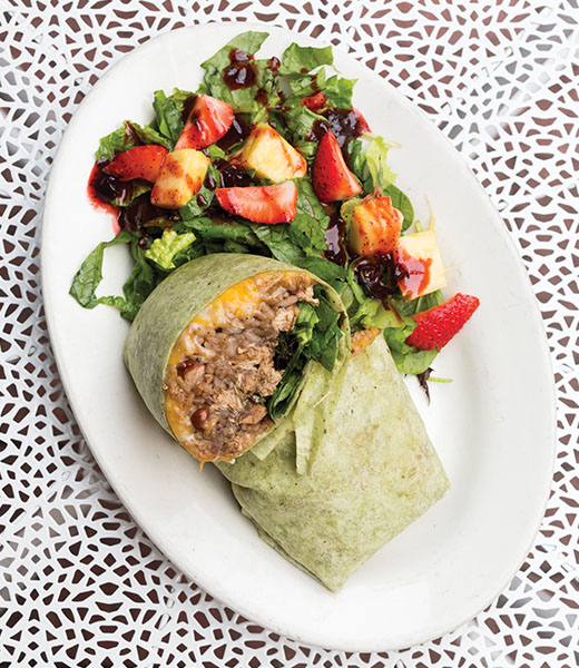 Wrap served at Ackee Bamboo restaurant in Leimert Park Village, Los Angeles