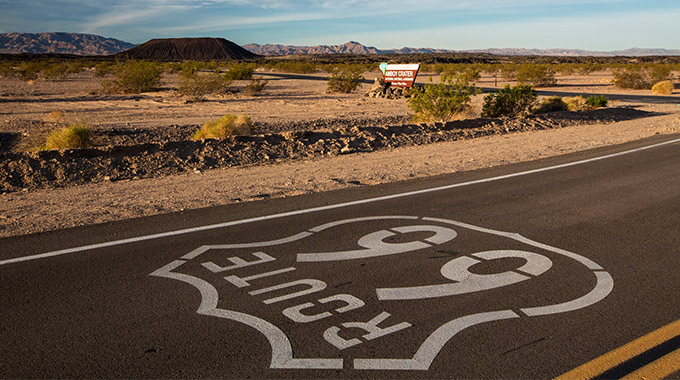 The Needles to Barstow Scenic Byway travels through the stark landscape of the Mojave Desert.