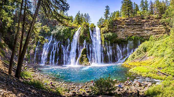 The 129-foot Burney Falls is the centerpiece of McArthur-Burney Falls Memorial State Park, a popular stop on the Volcanic Legacy Scenic Byway. | Photo by Mark Nakamura/stock.adobe.com