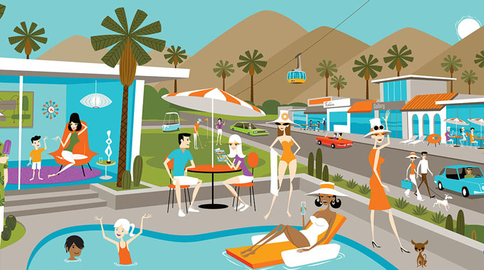 A mid-mod scene in Palm Springs by Josh Agle, a.k.a. Shag.