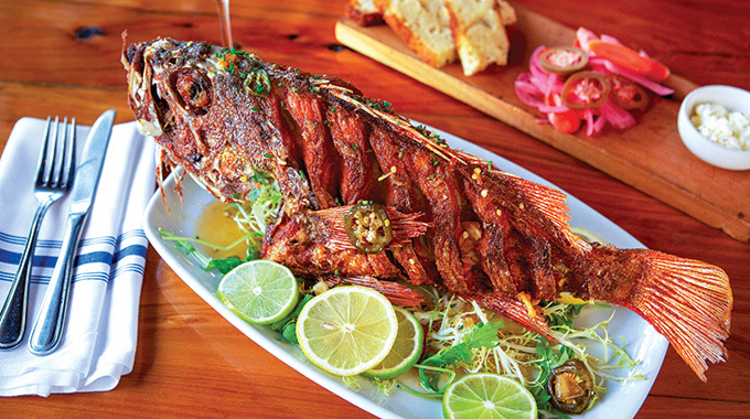 Fried snapper served along citrus slices at Sear Steakhouse