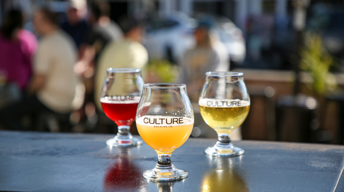 Three glasses of beer at Culture Brewing Company.
