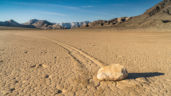 A migrating rocks at the end of its long track on the Racetrack Valley playa