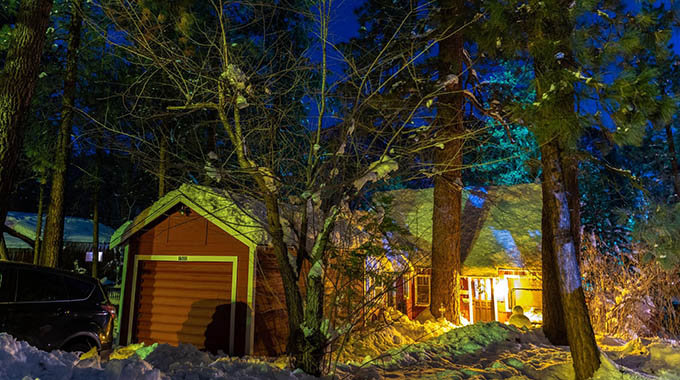 A cabin with pine trees, roof, and yard covered in fresh snow