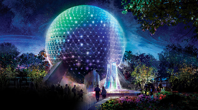 Epcot's Spaceship Earth glows as a Beacon of Magic, part of the resort’s 50th anniversary. | Artist's rendering courtesy Disney