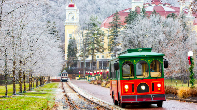 A complimentary shuttle heading away from French Lick Resort