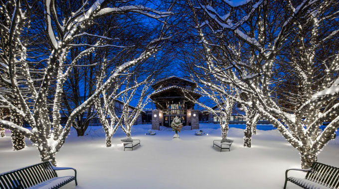 Snow coats the grounds outside Lied Lodge