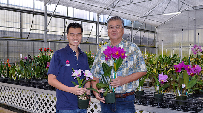 Moriyasu Akatsuka (right) and his son, Takeshi, display a few of the lovely blooms at their eponymous nursery