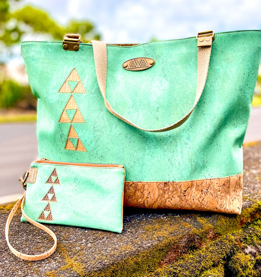 Sew Da Kine totebag and matching pouch, both with Spanish cork accents.