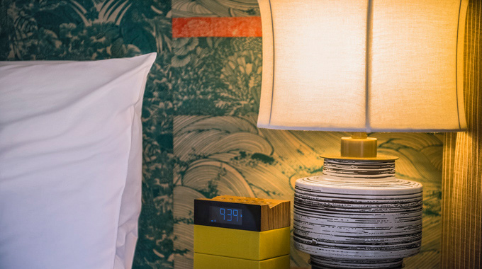 Lamp and clock on a Surfjack Hotel nightstand