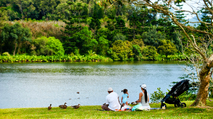 Family picnicking by the water at Ho'omaluhia Botanical Garden