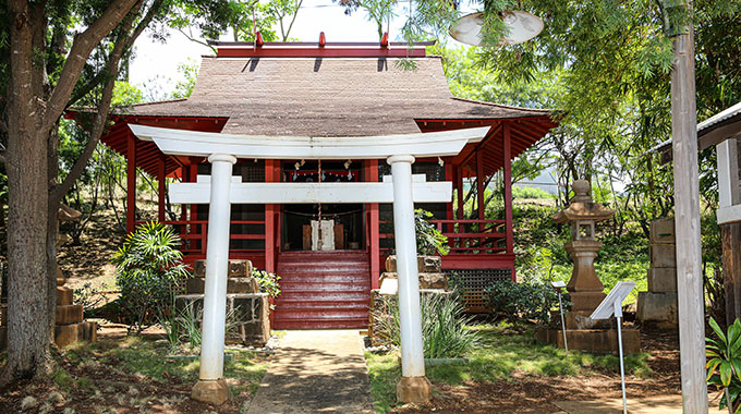 Religious buildings, like this 1914 Wakamiya Inari Shrine on view at Hawai'i‘s Plantation Village on O‘ahu, were often part of the plantation camps. | Photo courtesy Hawaiiʻs Plantation Village Archives