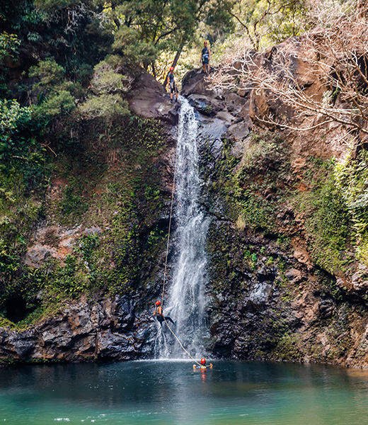 Rappel Maui, located at the Garden of Eden Arboretum, leads tours that include rappelling down two waterfalls. | Photo by Tommy Lundberg/Hawaii Tourism Authority