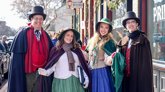 Carolers join characters like Scrooge and Jack Frost on the streets of St. Charles to herald the holidays during the Saint Charles Christmas Traditions celebration. | Photo courtesy Greater St. Charles Convention and Visitors Bureau