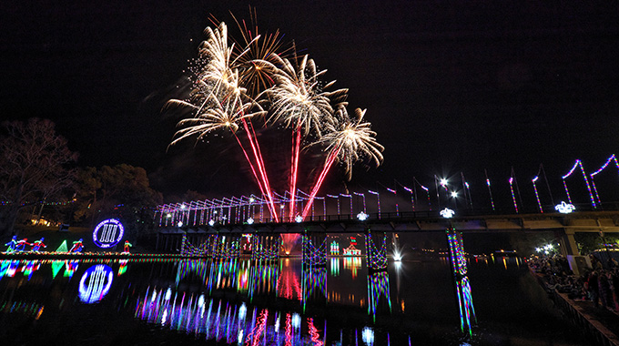 Spectacular fireworks displays complement more than 300,000 lights that are part of the Natchitoches Christmas Festival. | Photo courtesy Natchitoches Area Convention and Visitors Bureau