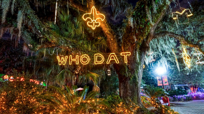 An illuminated "Who dat" sign in New Orleans City Park