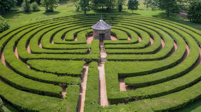 Overhead view of a hedge labyrinth.