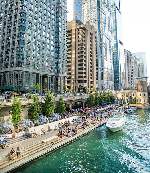 Chicago’s Riverwalk brims with public art, boat tours, bars, and some of the city’s most scenic restaurants. | Photo courtesy Choose Chicago