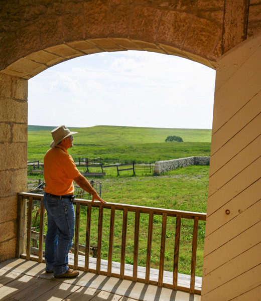 Man standing on a patio looking out toward tallgrass prairie