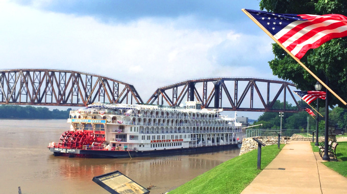 The American Queen at anchor in Red Wing.