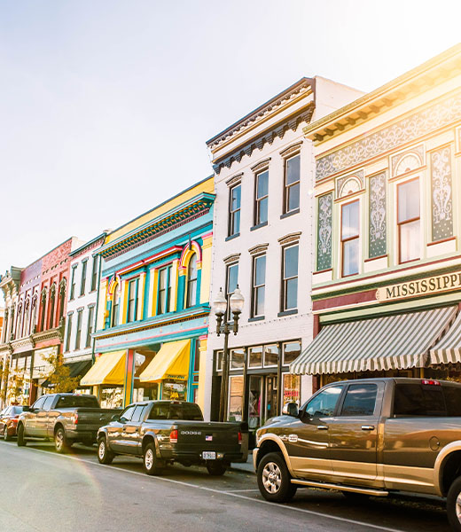 Cars parked along the street in downtown Hannibal