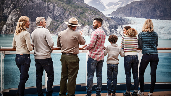 A ranger talking with passengers aboard an Alaska cruise