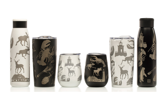 Water bottles, tumblers, and cups with Ebenezer Akakpo’s Maine Culture designs.