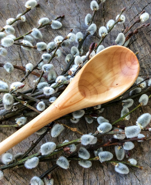 A wooden spoon resting on a bed of pussy willow.