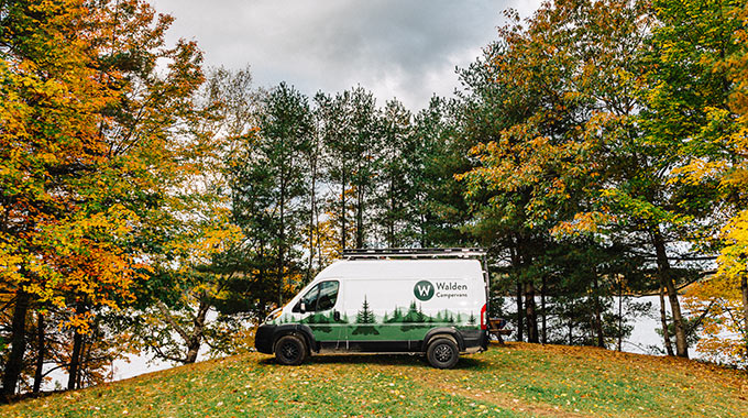 “Walden,” Walden Campervans’ 3-seater/sleeper, at the Slippery Rock Trails private campground in Greene, Maine. | Photo by Daniel Alexander Orr