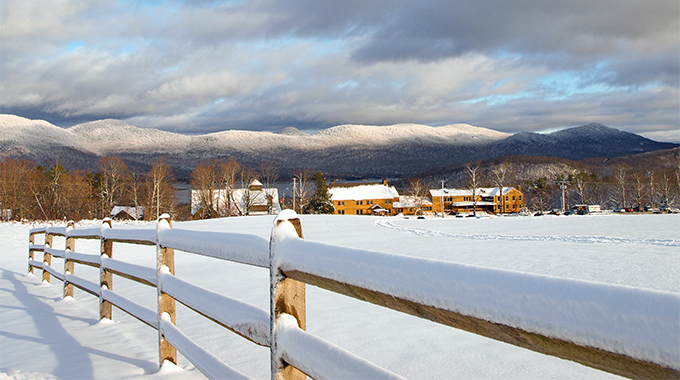 Snowy mountains and bucolic farmland create an idyllic backdrop for skiers at Vermont’s Mountain Top Resort. | Photo courtesy Mountain Top Resort
