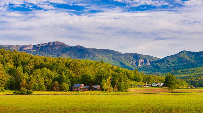  Farm landscape with Mt. Mansfield in the background, Stowe, Vermont, USA WMJ482
