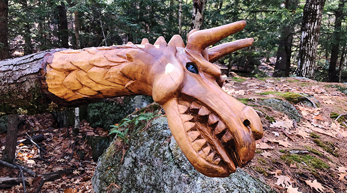 A dragon is carved into a fallen tree along the Harriskat Trail at the Harris Center for Conservation Education in New Hampshire. | Photo by Brett Amy Thelen