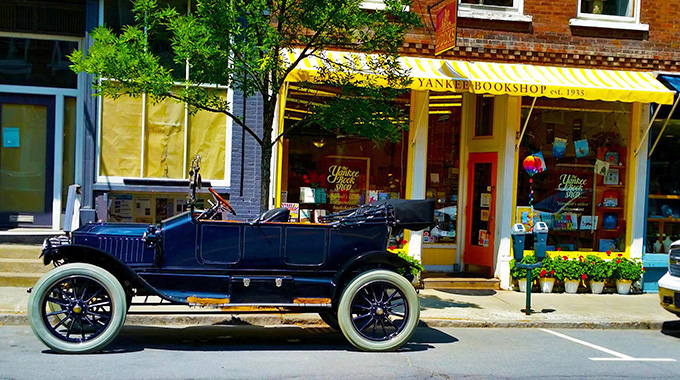 The Yankee Bookshop in Wookstock, Vermont is recognized for its signature yellow awning.