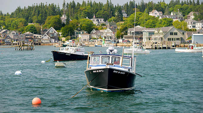 Downtown Boothbay Harbor, Maine on a summer day, USA Stock Photo - Alamy