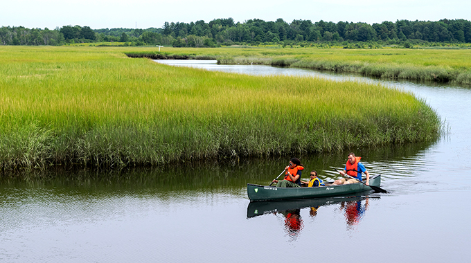 Take a break from cycling the Eastern Trail and kayak in Scarborough Marsh, Maine’s largest saltwater marsh, where you can spot numerous bird species, including little blue herons and snowy egrets. | Photo courtesy of Maine Audubon