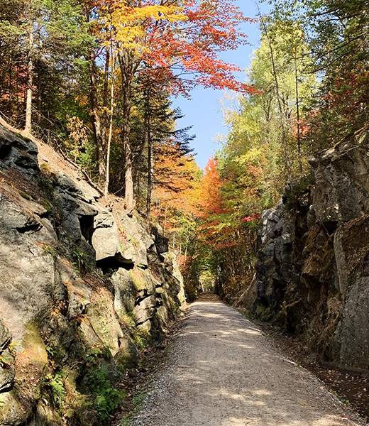 Along the Northern Rail Trail, this exposed rock represents the arduous hand drilling and blasting work done in the mid-1800s that allowed the railroad to navigate an easier route toward Lebanon. | Photo by Lindy Heim