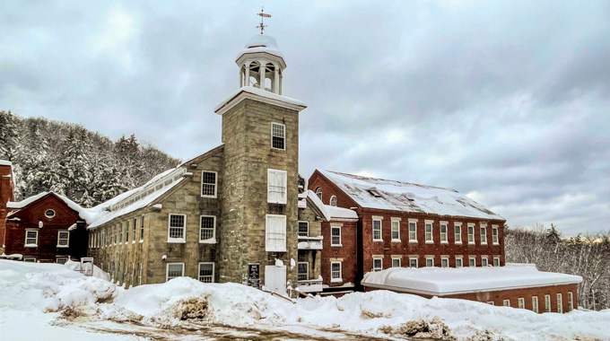 The textile mill complex at Harrisville, New Hampshire, survives to recall the town’s history as a milling village.