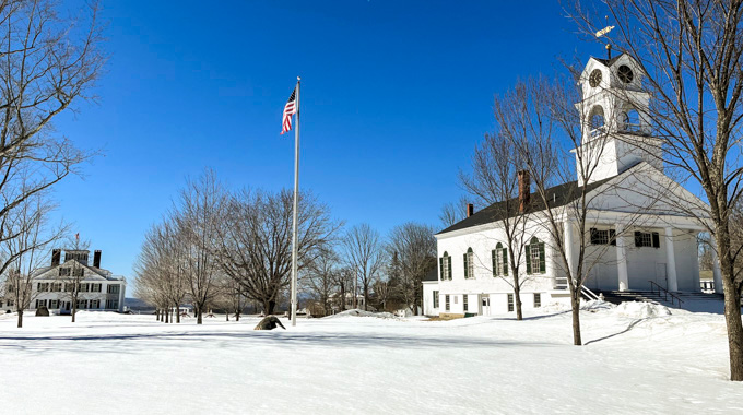 Snow covering the grounds outside The Hamlin Memorial Library and Museum