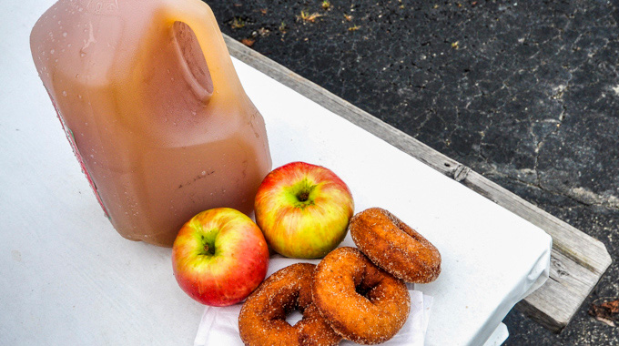 Jug of apple cider beside 2 Gala apples and 3 cider doughnuts