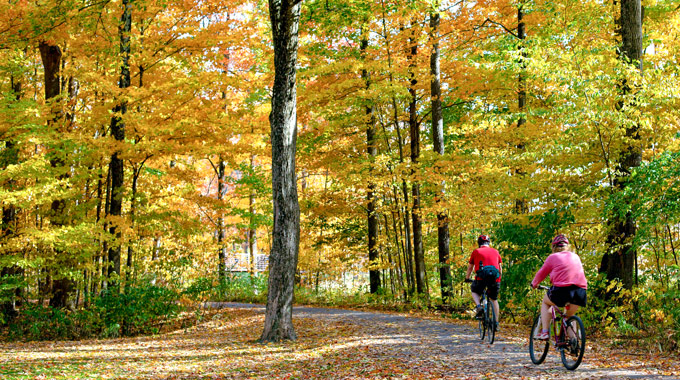 The Stowe Recreation Path provides numerous spots from which to view the spectacular fall foliage in the surrounding mountains. | Photo by Pamela Hunt