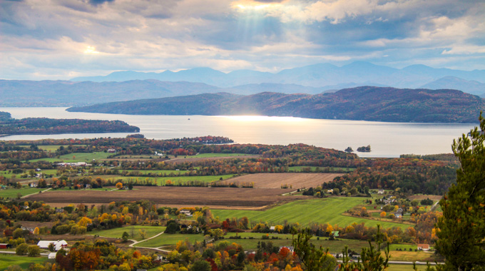 Aerial view of Lake Champlain from Mount Philo.