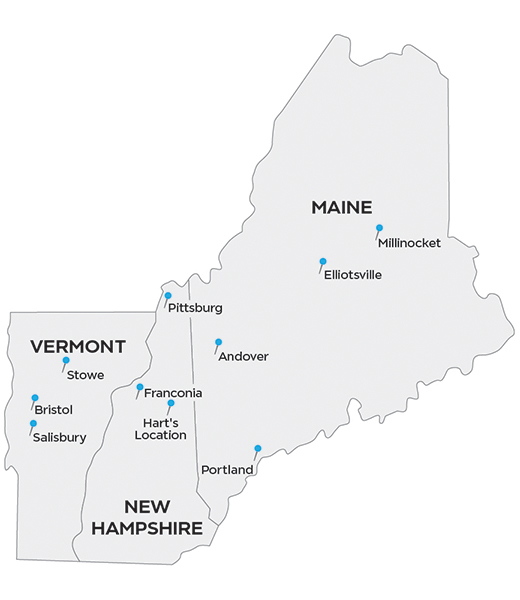 Map of 10 Northern New England waterfalls.