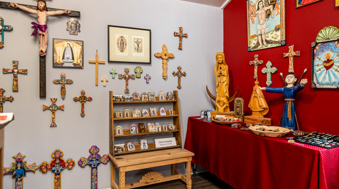 Crosses and other religious objects at Chaez Gallery.