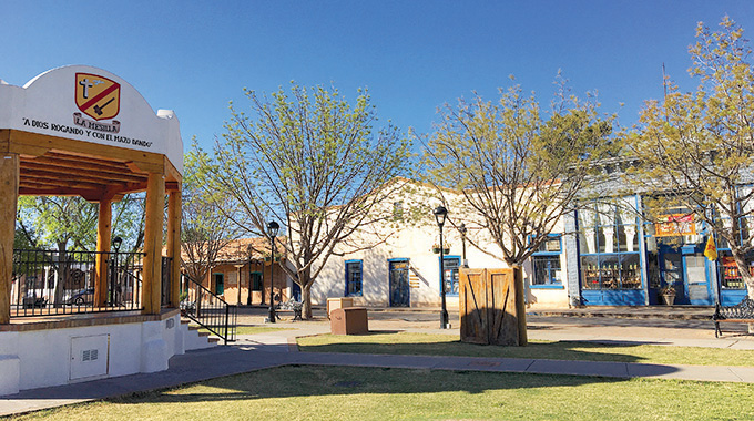 Old territorial buildings line the west side of Mesilla’s historic plaza.