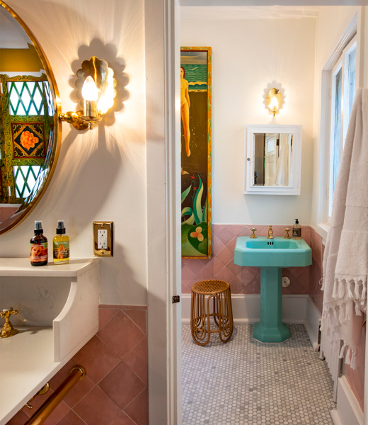 A turquoise sink inside a Field suite at Los Poblanos Inn