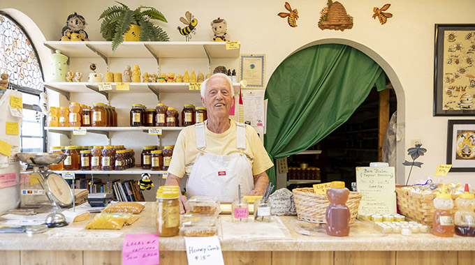 Six varieties of honey, creamed honey, and bee pollen are sold in the on-site store. | Photo by Gabriella Marks