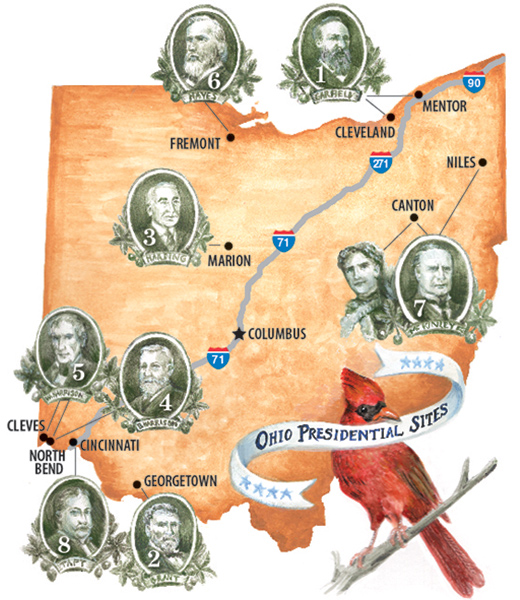 Map of presidential sites throughout Ohio